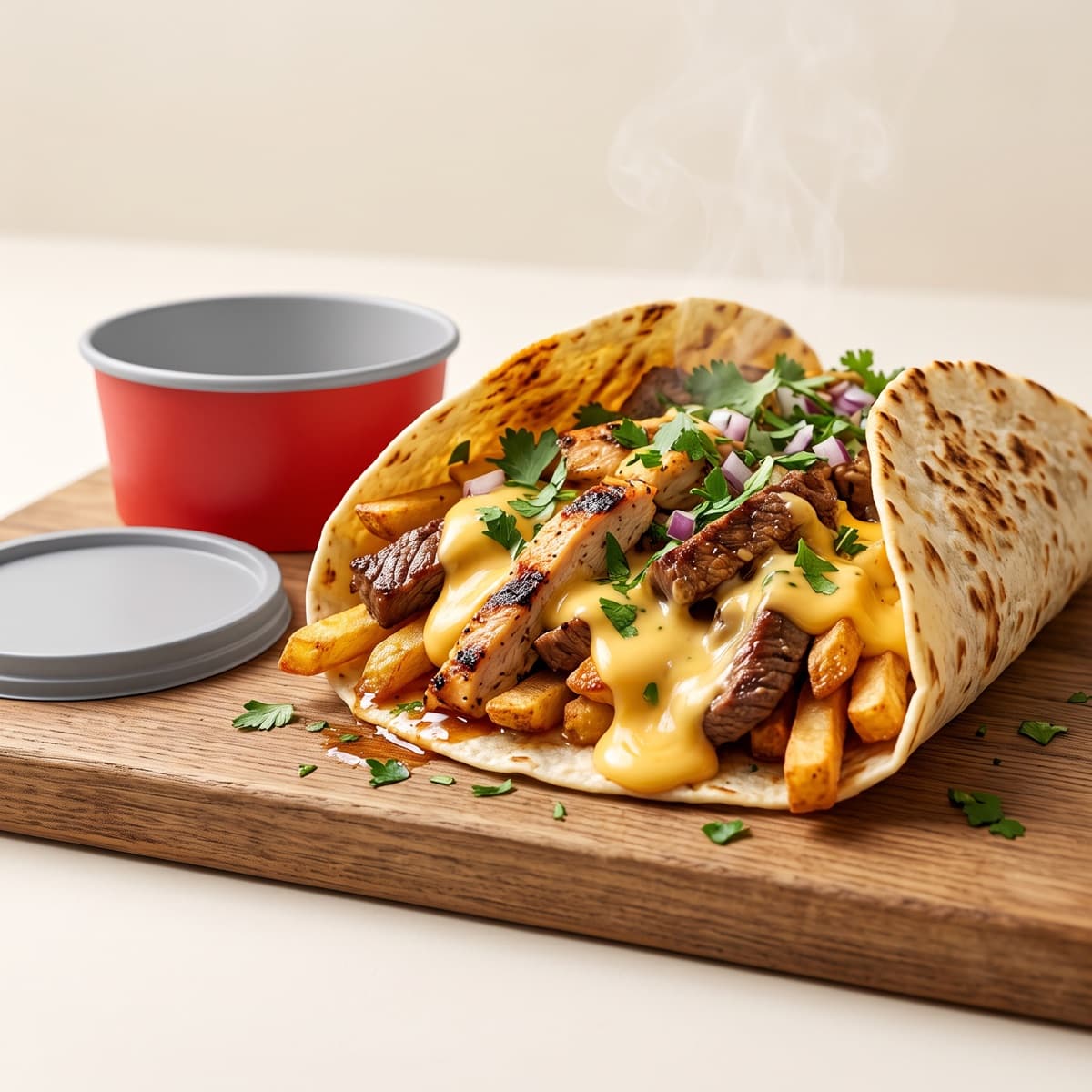 Tacos deux viandes garni de frites et de sauce fromagère