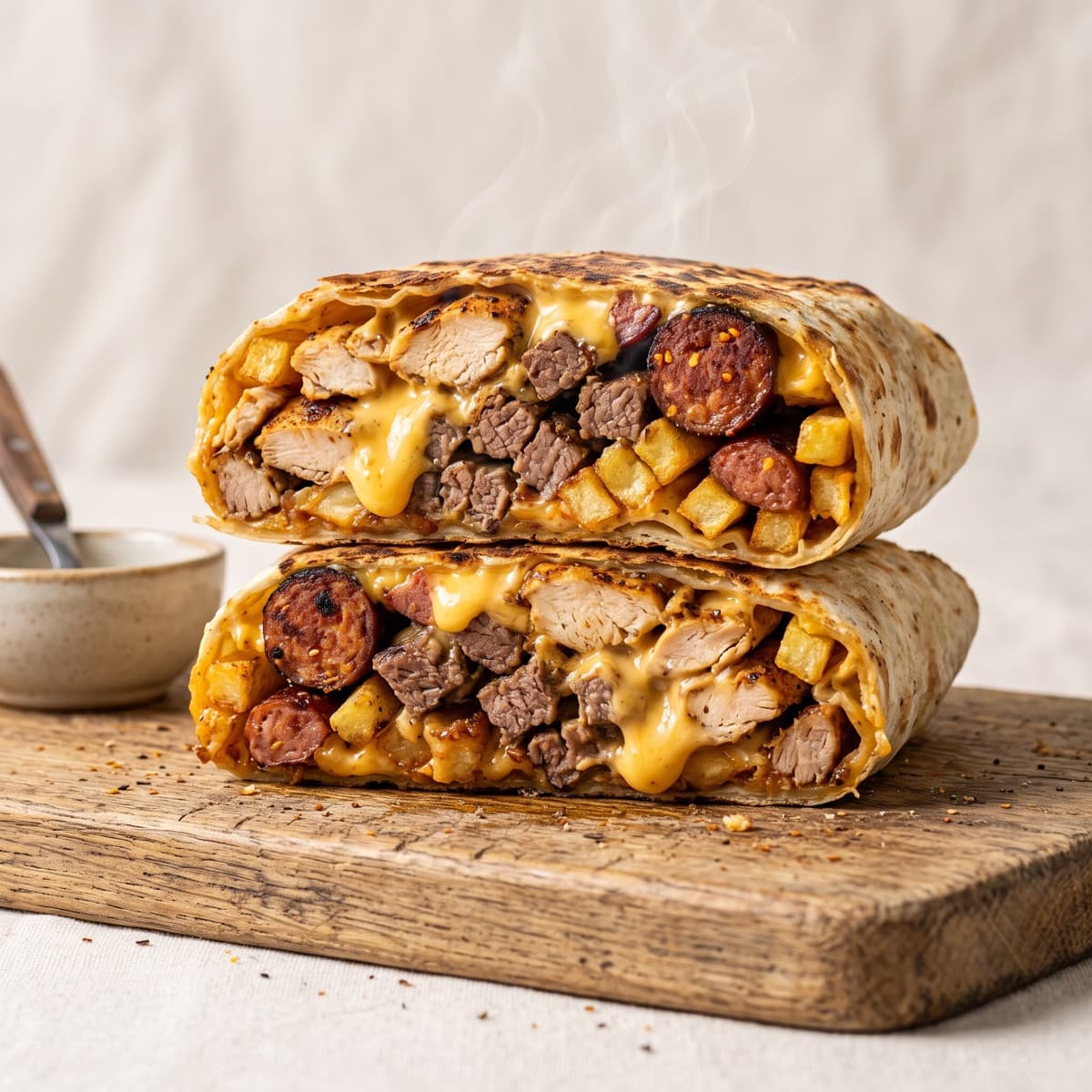 Tacos Maxi trois viandes, garni de frites et de sauce fromagère