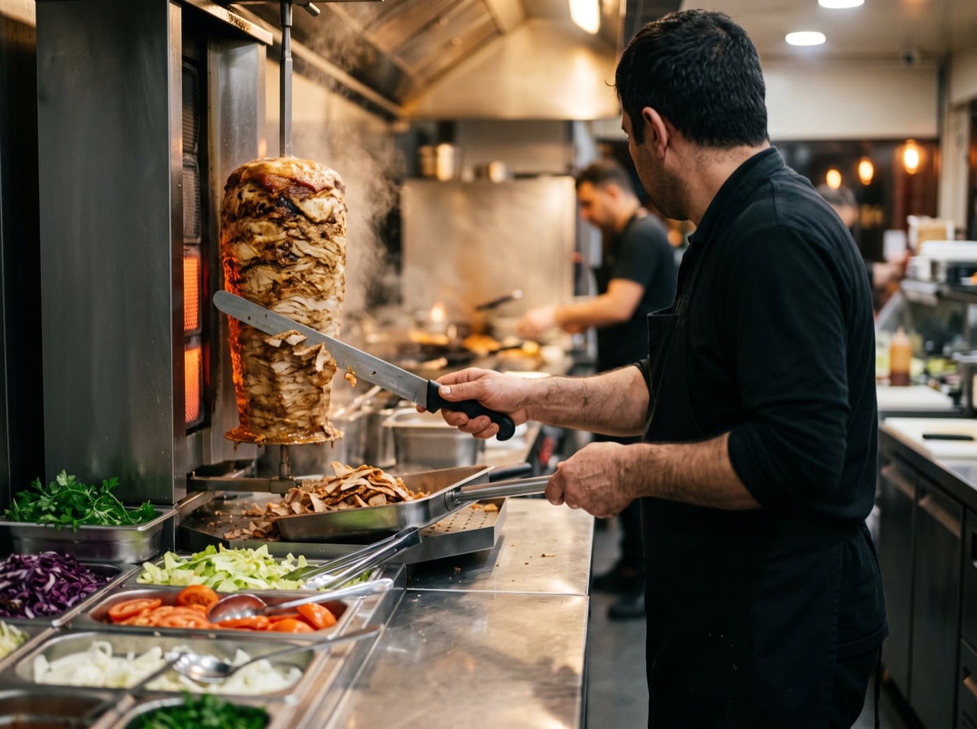Préparation des viandes derrière le comptoir Food Corner